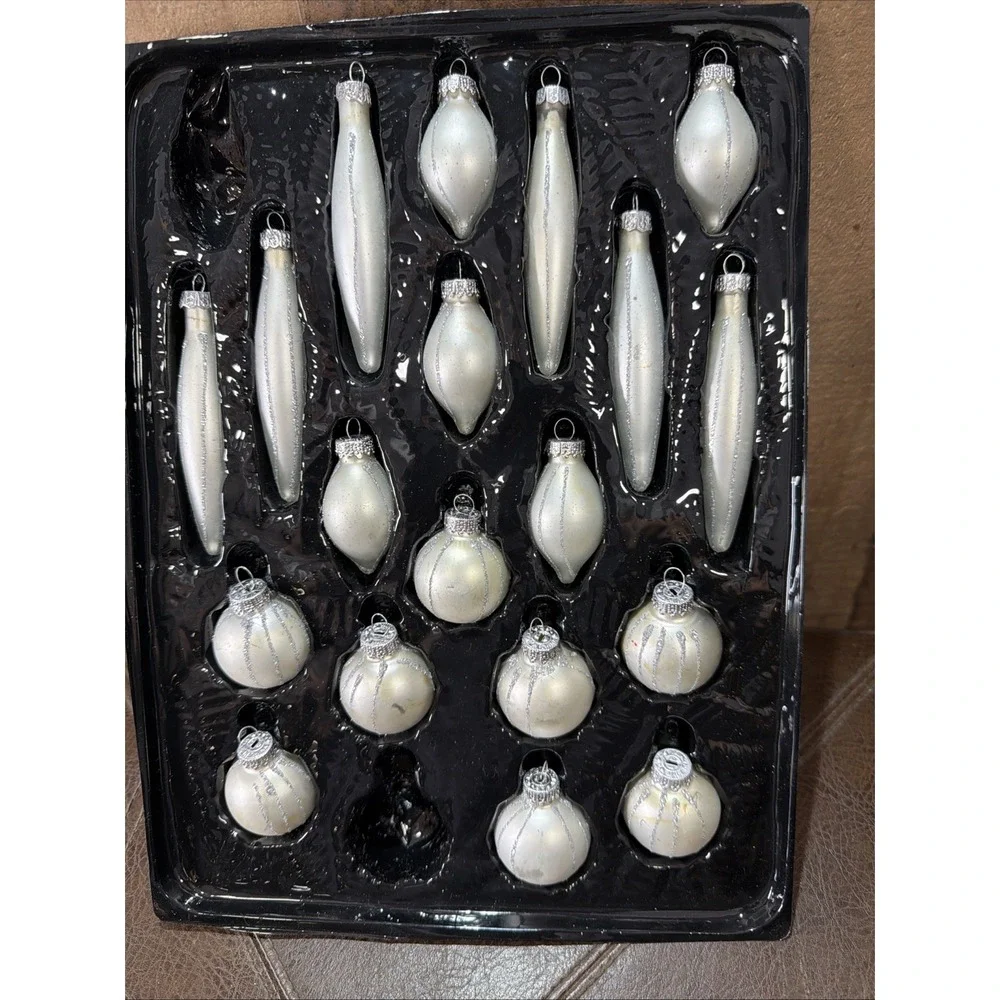 Yule Glass Christmas Ornaments White Silver Glitter In Box Set of 19 Assorted